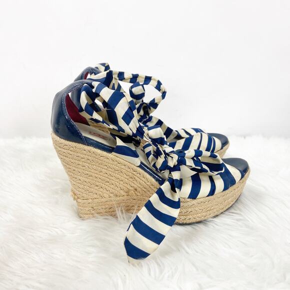 Ugg 7 Womens Blue White Striped Lucianna Strap Espadrille Wedge Sandals - Picture 2 of 11